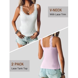 Ibeauti 2 Pack Lace Camisole Tank Tops Square Neck for Women Soft Ribbed Cami with Lace Trim (US, Alpha, Large, Regular, Regular, White/Pink-V)