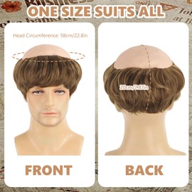 Brown Monk Wig Short Straight Hair, Wig Bald Head Cap with Brown Friar Hair Cut, Bald Head Cap Funny Hairpiece for Adults Men for Halloween Cosplay