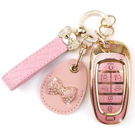 Rayslesan Key Fob Cover with Leather Holder Compatible with Airtag/RFID,Compatible with Hyundai Sonata Santa Fe Tucson Nexo 2019-2021 Palisade,RFID Protector,Car Key Accessories(7-Button, Gold Pink)