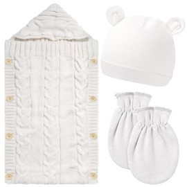 Zhanmai Newborn Baby Wrap Swaddle Blanket Knit Sleeping Bag Receiving Blankets Stroller Wrap Hat Mitten for Baby 9-12 Months