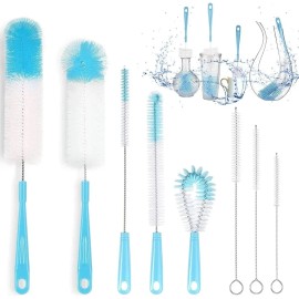Set De 8 Cepillos De Limpieza Botellas Termos Botes Celeste