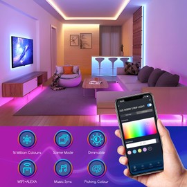 Aigostar 25FT Smart LED Strip Light, RGB Music Sync TV Backlight Compatible with App Alexa Google Voice, DIY Timer Color Changing WiFi LED Light for Gameroom Livingroom Home Party Wedding Decor