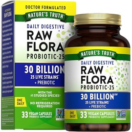 Raw Flora Probiotics with Prebiotics | 30 Billion CFU | 33 Daily Digestive Capsules | Vegan, Non-GMO & Gluten Free Supplement for Women and Men