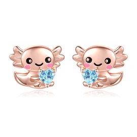 Sterling Silver Axolotl Stud Earrings Hypoallergenic Adorable Axolotl Earrings Stud Cute Animal Jewelry Gifts for Friend Daughter Women (March), Normal, Sterling Silver, Cubic Zirconia