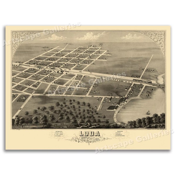 Bird's Eye View 1869 Loda Illinois Vintage Style City Map