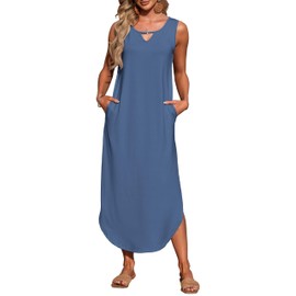 MISFAY Women's Summer Maxi Dress Sleeveless Loose Long Beach Split Dresses with Pockets(Beja Blue,M)