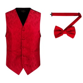 Oliver George Men's Paisley Formal Waistcoat Tuxedo Dress Vest Bow Tie Set for Suit or Tuxedo Red Large