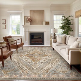 Bavni 8x10 Area Rugs, Machine Washable Rug Non Slip Rubberback, Vintage Boho Bedroom Rug, Large Rug for Living Room, Playroom, Dining Room, Tan/Grey