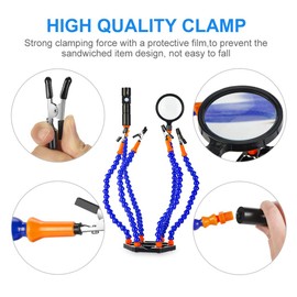 Helping Hand Soldering Third Hands Vise with 6 Flexible Arms LED Flashlight Magnifying Glass Aluminum Base for Soldering, Assembly, Repair, Modeling, Hobby, Crafts, Jewelry Making (Blue)