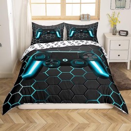 Tabeskly Boy Black Blue Gaming Bedding Duvet Cover Set Single, Kids Gamepad Gamer Soft Zipper Childrens Full Bed 3 Piece Quilt Covers and Pillowcases 135×200cm