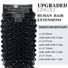 Pobokix Deep Wave Clip in Hair Extensions Real Human Hair 2 Pack 240g Seamless Clip in Hair Extensions for Women Full Max with 18Pcs PU Thin Weft 14inch Natural Black