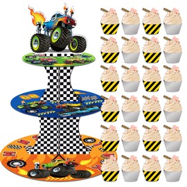 Monster Truck Cupcake Stand for 24 Cupcakes with 24Pcs Monster Truck Cupcake Liners Wrappers 3 Tier cupcake stand Party Supplies Cupcake Display Holder for Birthday Party, Baby Shower, Party