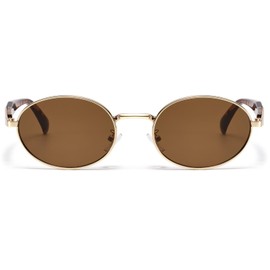 Long Keeper Vintage Metal Oval Sunglasses Womens Mens 90s Retro Round Sunglasses Trendy Slim Oval Sun Glasses UV400 Protection Fashion Shades, 53mm (Gold Leopard Frame - Brown Lens)