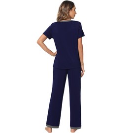WiWi Pajamas for Women Short Sleeve Sets Soft Long Pants Pjs Loungewear Set-Viscose from Bamboo S-XXL, Navy, X-Large