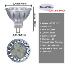 ALIDE MR16 GU5.3 Led Bulbs 5W 4000K Neutral/Natural White,20W-35W Halogen Equivalent,12V MR16 Low Voltage Bulbs for Outdoor Landscape Flood Ceil Track Lighting,Not Dimmable,450lm,38 Deg,6 Pack