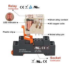 Weasch Power Relay RFT2CO512L, AC 12V Coil, 8 Pin 8A, DPDT 2NO 2NC, with LED Indicator Light and Plastic Clip Socket Base UL Certification (1)