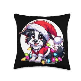 border collie Santa Merry Xmas Fairy Lights Merry Christmas Xmas Border Collie Santa Dog with Throw Pillow, 16x16, Multicolor