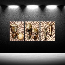 iKNOW FOTO 3pcs Vintage Tribal African Mask & Drums Animal Symbols Canvas Art - Abstract Africa Culture Artistic Painting Decorations, Ready to Hang 12x16'' Each Panel for Home Living Room Bedroom