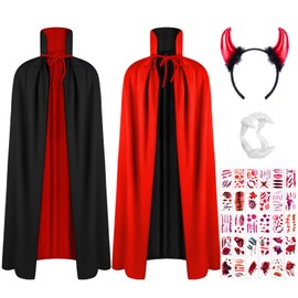 AOOWU Adult Hooded Cape Set, Reversible Black and Red Cape Set with Collar Unisex Vampire Cape Witch Cloak Accessories for World Book DayHalloween Christmas Party Carnival Cosplay(A)