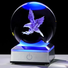3D Laser-Engraved Eagle Crystal Ball Figurine Gifts with Colorful LED Base - 3.15" Eagles Statue Gifts for Men Women Glass Bald Eagle Gifts Decor for Mothers Day Birthday Christmas Office Desk Lamp