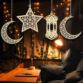 Ramadan Decorations for Home, Eid Mubarak Decorations, Ramadan Mubarak Decorations DIY Al-Fitr Wooden Ornament Hanging Star Moon Decorations for Muslim Eid Party Home Wall Tree Decor Ramadan Gifts