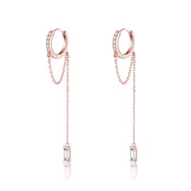 Reffeer 925 Sterling Silver CZ Chain Hoop Earrings Dangle for Women Teens Dangle Earrings Chain Drop Earrings Huggie (C-Rose Gold)
