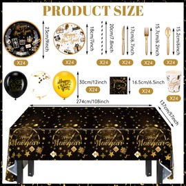 Reallnaive 212 Pcs Happy New Years Eve Party Supplies Tableware Set 24 Guests, Including New Year Plates Cups Napkins Forks Knives Spoons Tablecloth Balloons Celebration Banner for Holiday Dinner