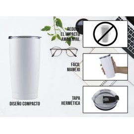 Termo Acero Inoxidable Doble Capa Térmico 20 Oz con Tapa Portátil Black Tumbler 550ml 10 horas de duración (BLANCO)