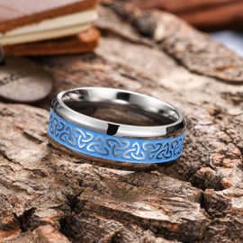 King Will 8mm Titanium Wedding Band For Men - Silver Polished Beveled Edges Blue Celtic Knot Fashion Wedding Ring For Daily Wear Comfort Fit,Hypoallergenic Size 8.5
