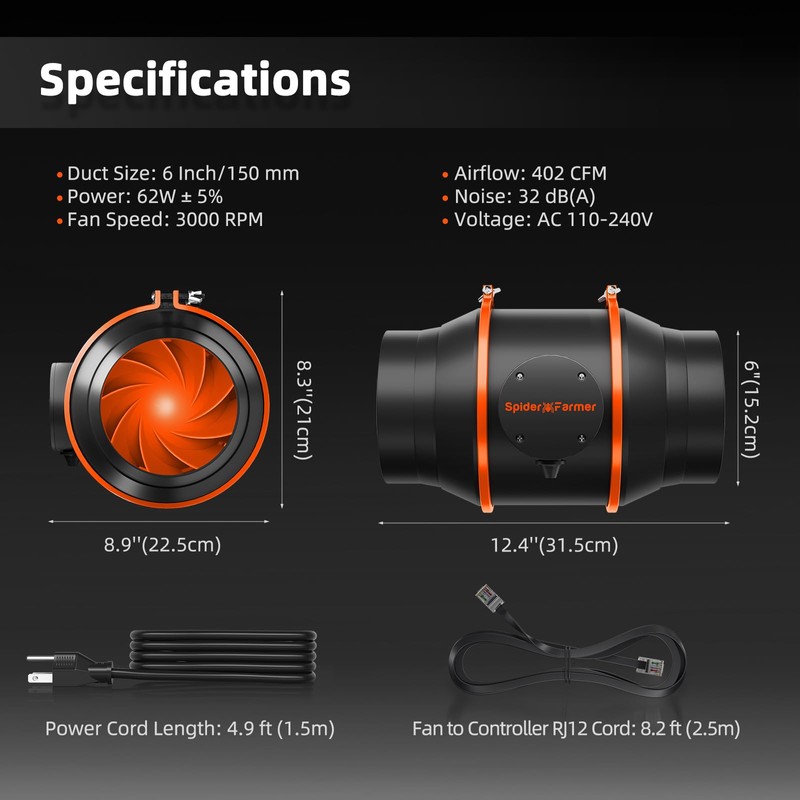Spider Farmer 6 Inch Smart Inline Duct Fan with GGS