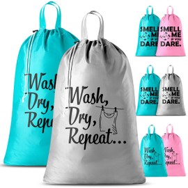 Travel Laundry Bag - 2-Pack - Fun Print Design Bags for Dirty Clothes, Extra Large Capacity, Durable Water Resistant Fabric, Sturdy Drawstring Closure (Teal-Grey | Wash Dry Repeat)