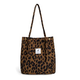 Women's Corduroy Shoulder Bag, Large Cord Bag, Beach Bag, Leopard Pattern, Fashion Fabric Bag for Everyday Use, Office, School Trips and Shopping