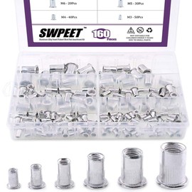 Swpeet 160Pcs Aluminum Alloy Flat Head Rivet Nut Kit, Including Assorted M3 M4 M5 M6 M8 M10 Aluminum Treaded Insert Nutsert Perfect for Providing High Strength Load Bearing Threads