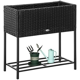 Outsunny Elevated Metal Raised Garden Bed with Rattan Wicker Look, Underneath Tool Storage Rack, Sophisticated Modern Design, Black