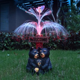 RCTTICUU Solar Bear Garden Statues,Resin Black Bear Family Figurine with Welcome Card and 7-Color Changing Optical Fiber with Solar Lights, Lawn Decor Outdoor Statue for Patio,Balcony,Yard,Lawn
