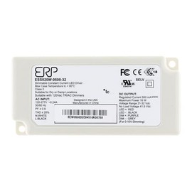 ERP ESS020W-0500-32 LED Power Supplies 120-277 Vac, 87% eff, Rectangular Plastic Case, Forward/Reverse Phase & 0-10V dimming, 1-100% dim Range, 16.0 W max, 500 mA Iout, 32 V max Vout