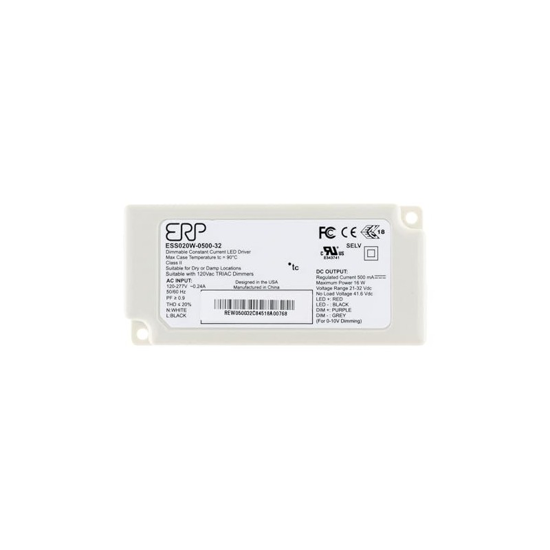ERP ESS020W-0500-32 LED Power Supplies 120-277 Vac, 87% eff, Rectangular