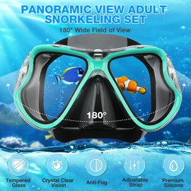 PIYAZI Mask Fin Snorkel Set, Snorkeling Gear with Fins for Adults with Panoramic View Mask, Dry Top Snorkel, Adjustable Swim Fins and Travel Bag, Man Woman Snorkel Gear for Swimming Snorkeling Diving