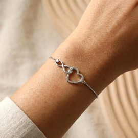 BXDA Silver Rhinestone Infinity Heart Link Bracelet for Women, Dainty CZ Infinite Forever Adjustable Chain Bracelet Anniversary Prom Fashion Accessories Jewelry Gift