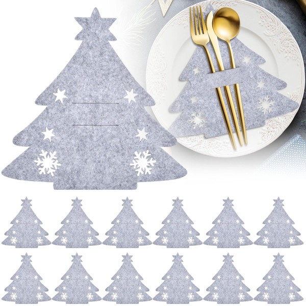 ZeYou Cutlery Holder Christmas Felt, Pack of 12 Cutlery Bag Star Cutlery Bag Table Decoration Grey Christmas Tree Spoon Tableware Cutlery Bags for Party Table Christmas Decoration