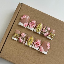 Press On Nails Handmade Short Duckbill Nails, Glossy Art Designs Reusable Acrylic Artificial Stick On Nails, 10 Pcs False Nails Set (Size S)