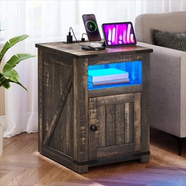 YITAHOME Farmhouse End Table with USB Charging Station & LED Lights - Adjustable Sliding Shelf Nightstand/Side Table for Living Room Bedroom, Dark Rustic Oak Storage Coffee Table