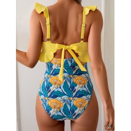 Eomenie - Traje de baño de una pieza para mujer, con control de barriga, con volantes, cuello en V, fruncido, traje de baño adelgazante, corte, Amarillo floral, Small