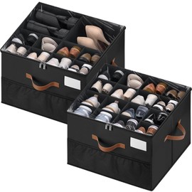 MSTONAL Shoe Organizer for Closet, 2 Pack Shoe Storage Containers with Adjustable Dividers, Space Saving Shoe Box Organizers Bins with Clear Lids & 4 Reinforced Handles, Fits 16-32 Pairs, Pure Black