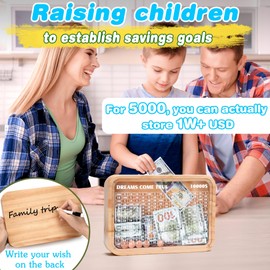 Wooden 10000 Money Saving Challenge Box，10k Cash Vault Piggy Bank for Adults Kids Boys Girls，Cion Bank Target Saver Box with Counter/Dry Erase Pen