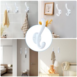 PEOIAOY 6 Pack Coat Hooks Wall Mount Heavy Duty Utility Retro Double Hooks for Hanging Coats,Hat, Towel, Key, Robe, Scarf, Bag, Cap (White)