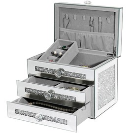 joyshiny Mirrored Jewelry Box for Women Girls, 3-Layer 2 Drawers Glass Jewerly Organizer Box with Lid for Necklace Ring Earring, Silver Crushed Diamond Home Decor,Gift Idea(9.3" L x 6.3" W x 7.1" H)
