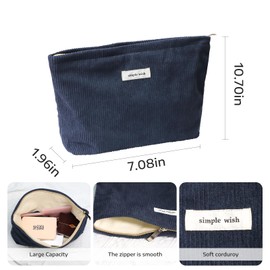 Wudygirl Cosmetic Bags for Women,Travel Makeup Bag,Aesthetic Women Handbags Purses,Large Capacity Corduroy Toiletry bag Zipper Pouch(Navy Blue)