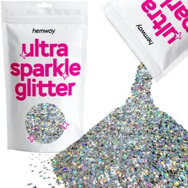 Hemway Ultra Sparkle Glitter - Silver Holographic Stars & Moons | Shaped Metallic Flakes for Resin & Epoxy Crafts | Supplies for Tumblers, Festival, Hair, Face, Body, Eye & Nail Decoration | 100 g