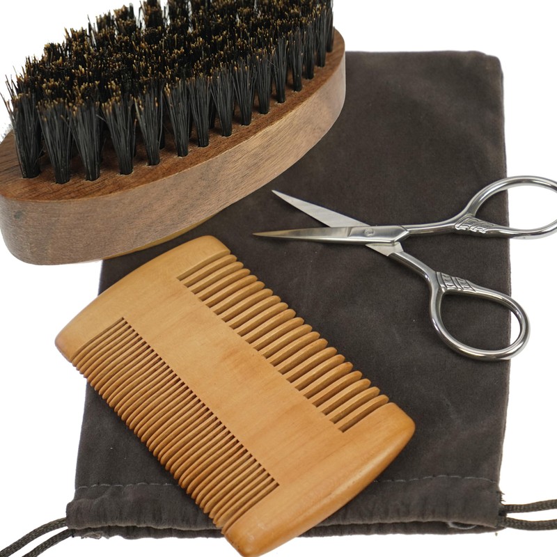 Beard Set with Comb, Beard Brush, Scissors in Pouch